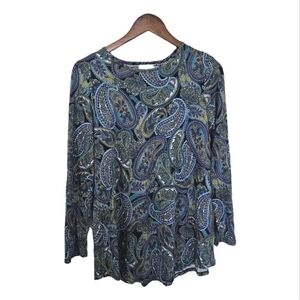J.Jill boho paisley teal blue round neck smock long sleeve size small